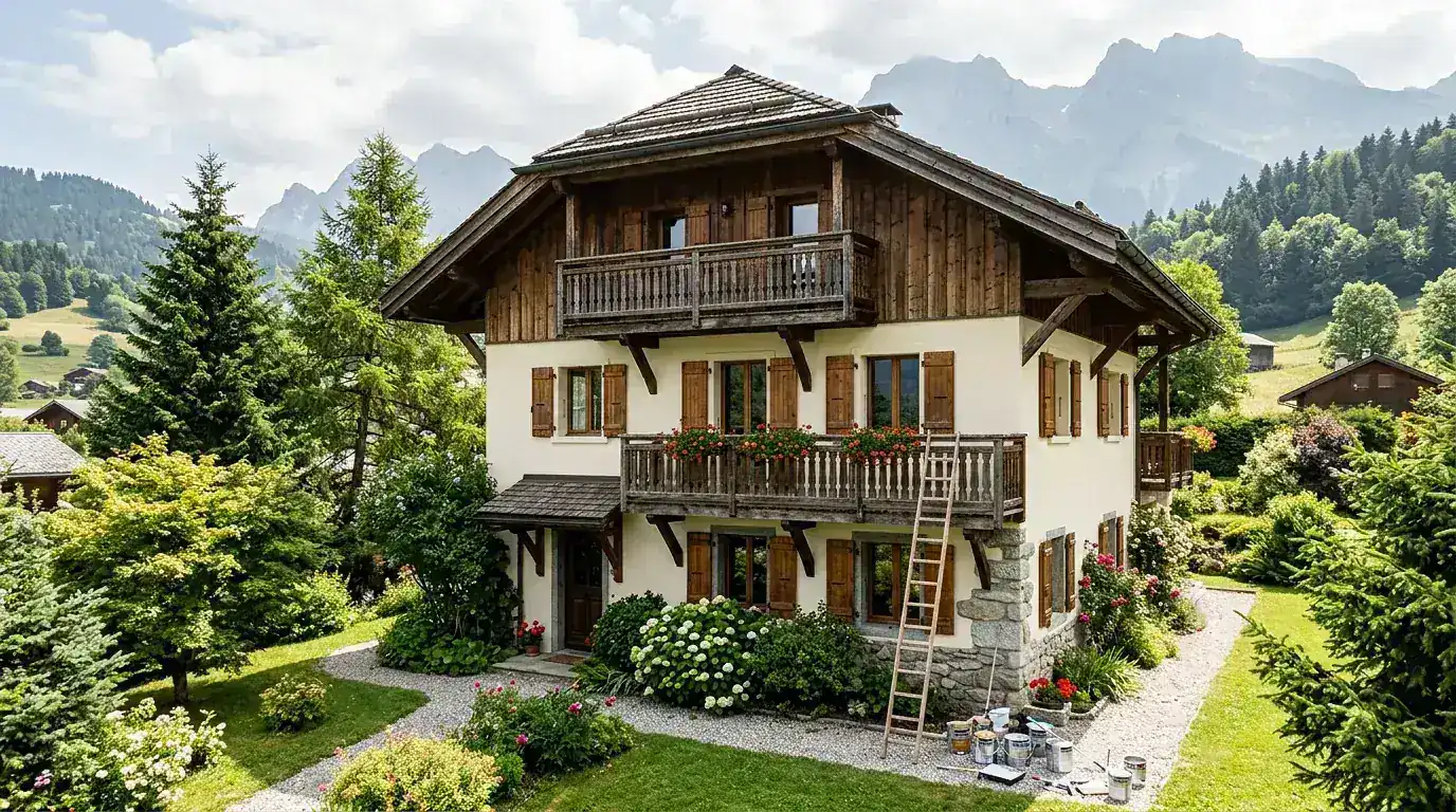 Chalet savoyard en cours de rénovation, avec une échelle et des pots de peinture au pied de la façade