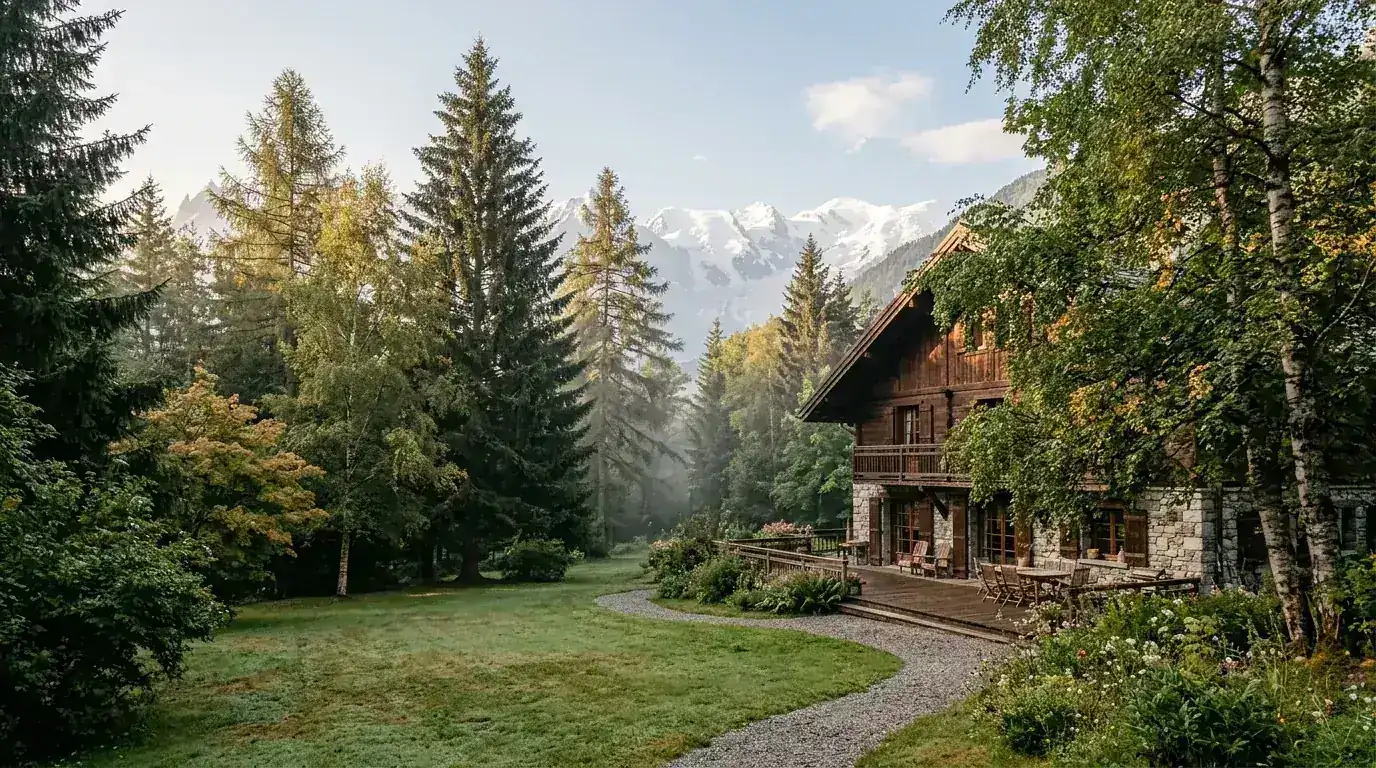 Chalet entouré d'un jardin arboré, avec une terrasse en bois et un chemin en gravier