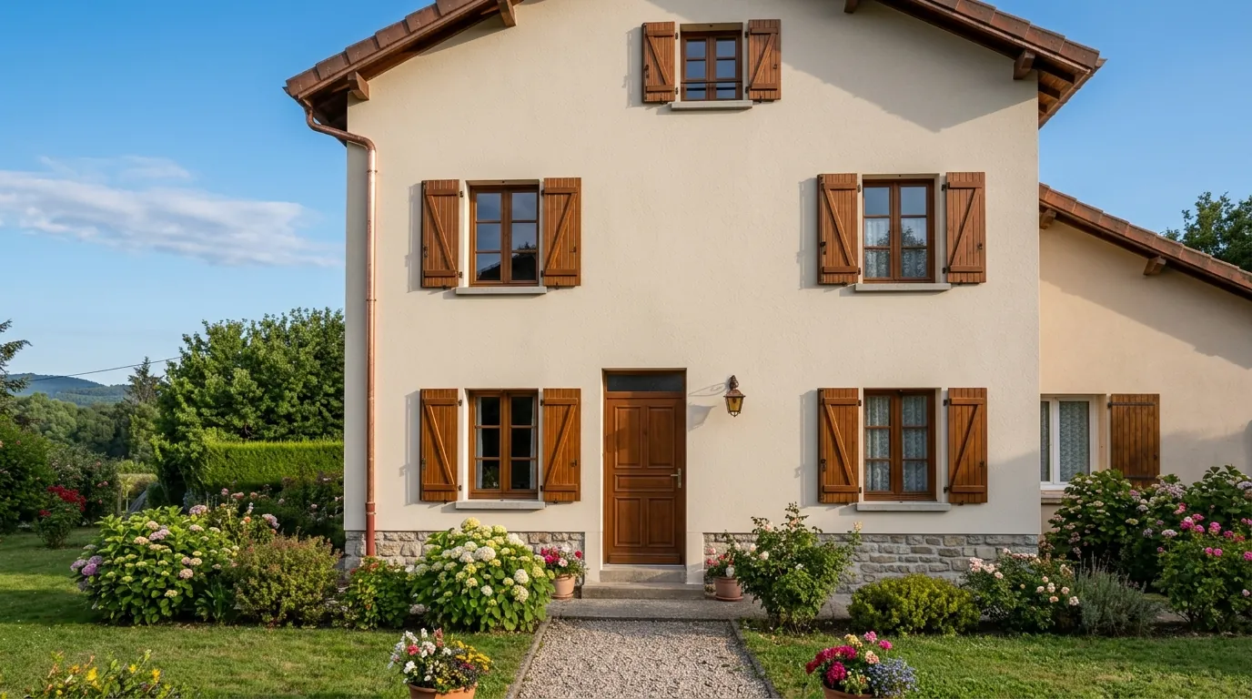 Façade de maison rénovée, enduit clair et volets en bois