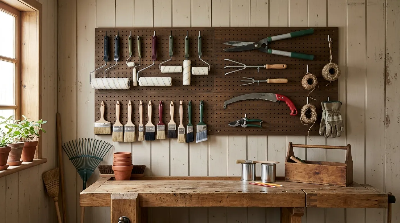 Mur d'atelier avec rouleaux, pinceaux et outils de jardin rangés au-dessus d'un établi