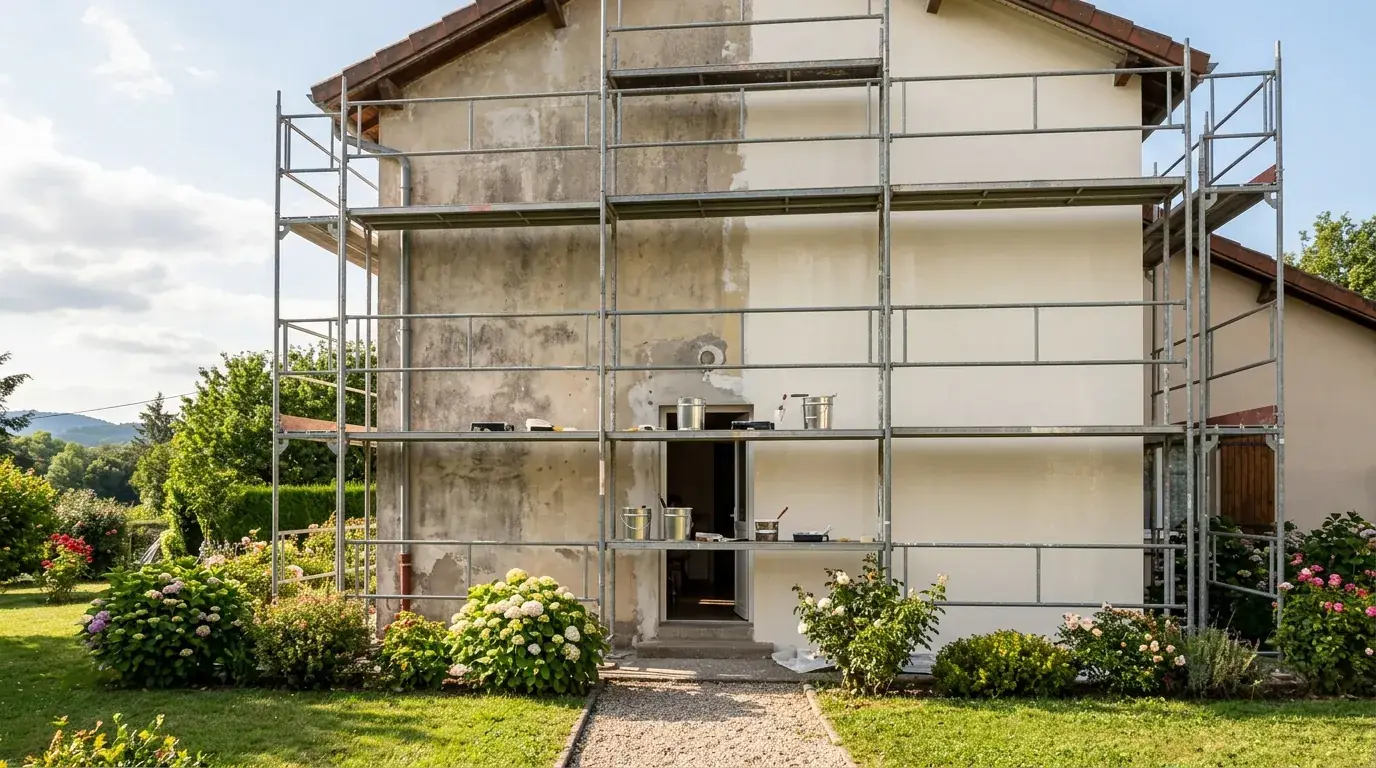 Maison sous échafaudage dont la façade est à moitié repeinte