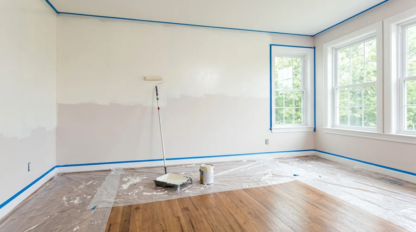 Pièce en cours de peinture, bords protégés par du ruban de masquage et sol couvert d'une bâche